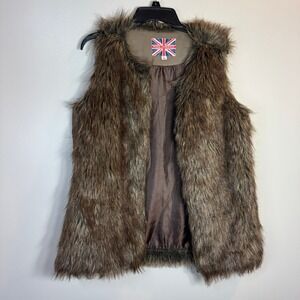 Vintage MISS LONDON Faux Fur Vest Brown Women's XL Winter Retro Boho Chic Warm